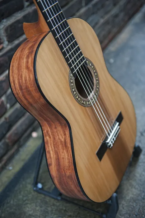 Cedar top classical guitar: body seen from the side, showing the figured back