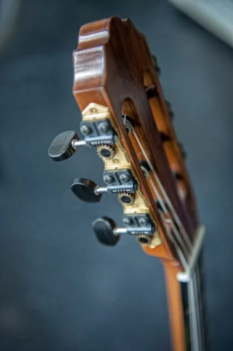 Cedar top classical guitar: headstock and tuners from the side