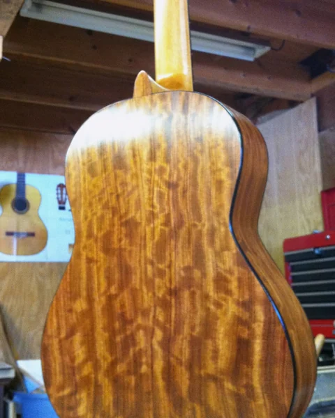 Classical guitar: close view of a figured wood back and neck heel