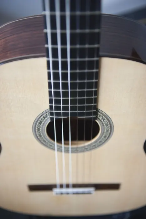 Spruce top classical guitar: soundhole and rosette