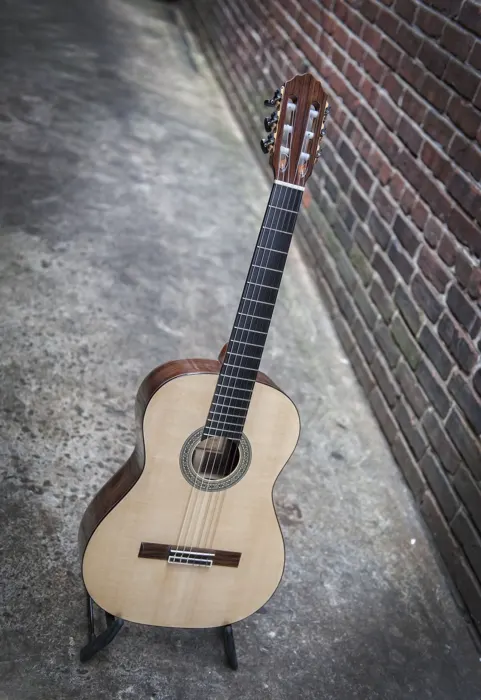Spruce top classical guitar: full view at an angle
